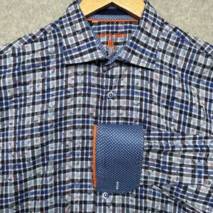Visconti Black Mens Blue Plaid Leaf Print Button Down‎ Shirt Long Sleeve Size L